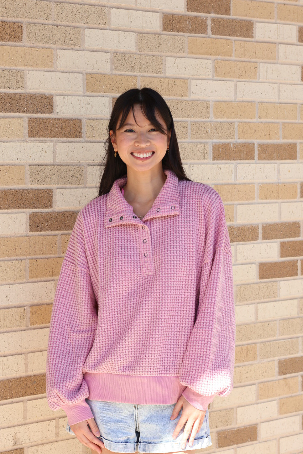 Pink Henley Waffle Sweatshirt