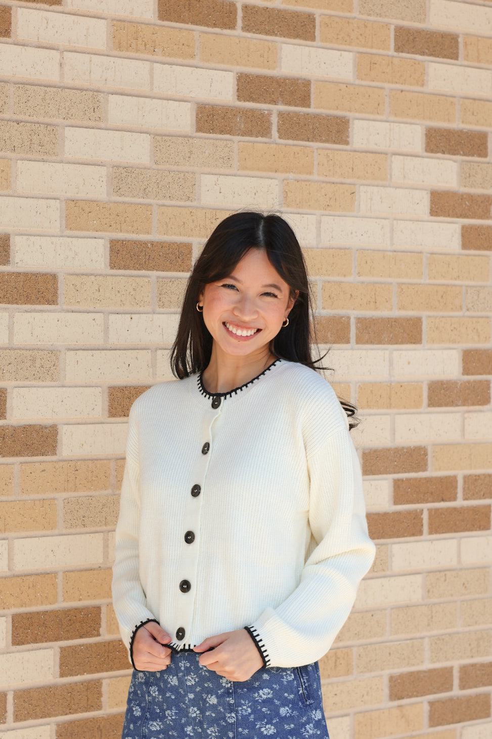 Cream and Black Stitch Trim Cardigan