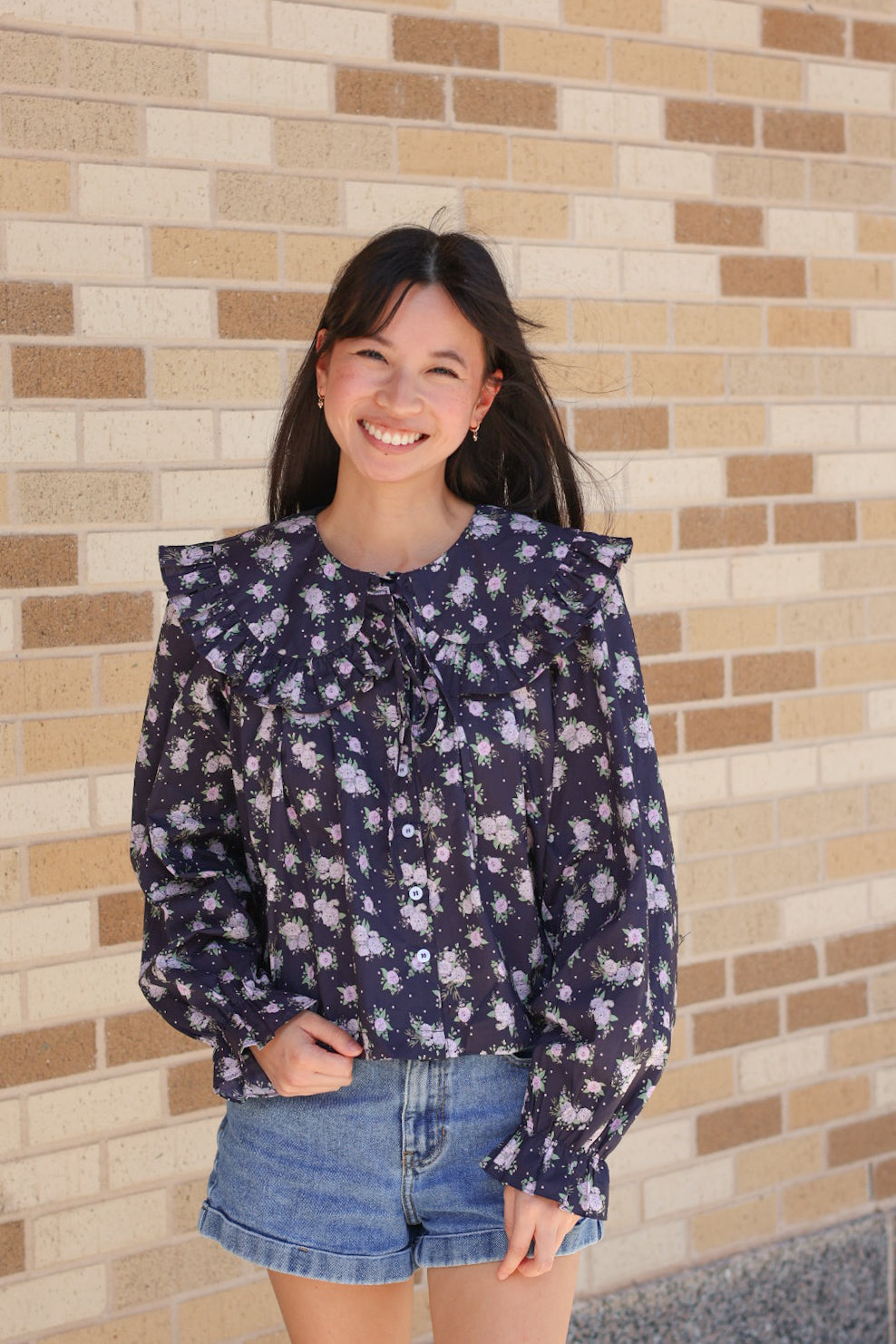 Navy Floral Long Sleeve Top