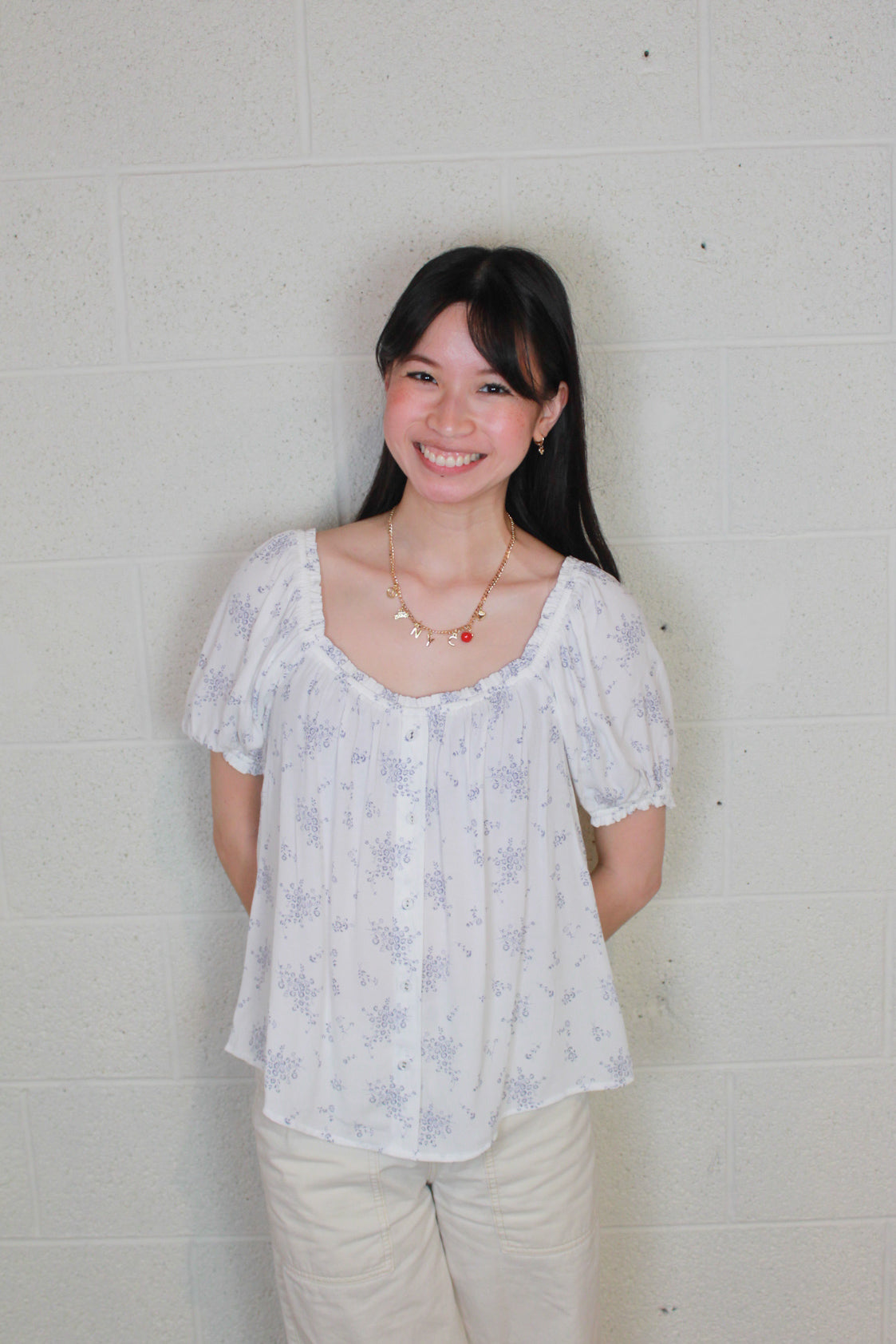 Blue Flower Button Up Blouse