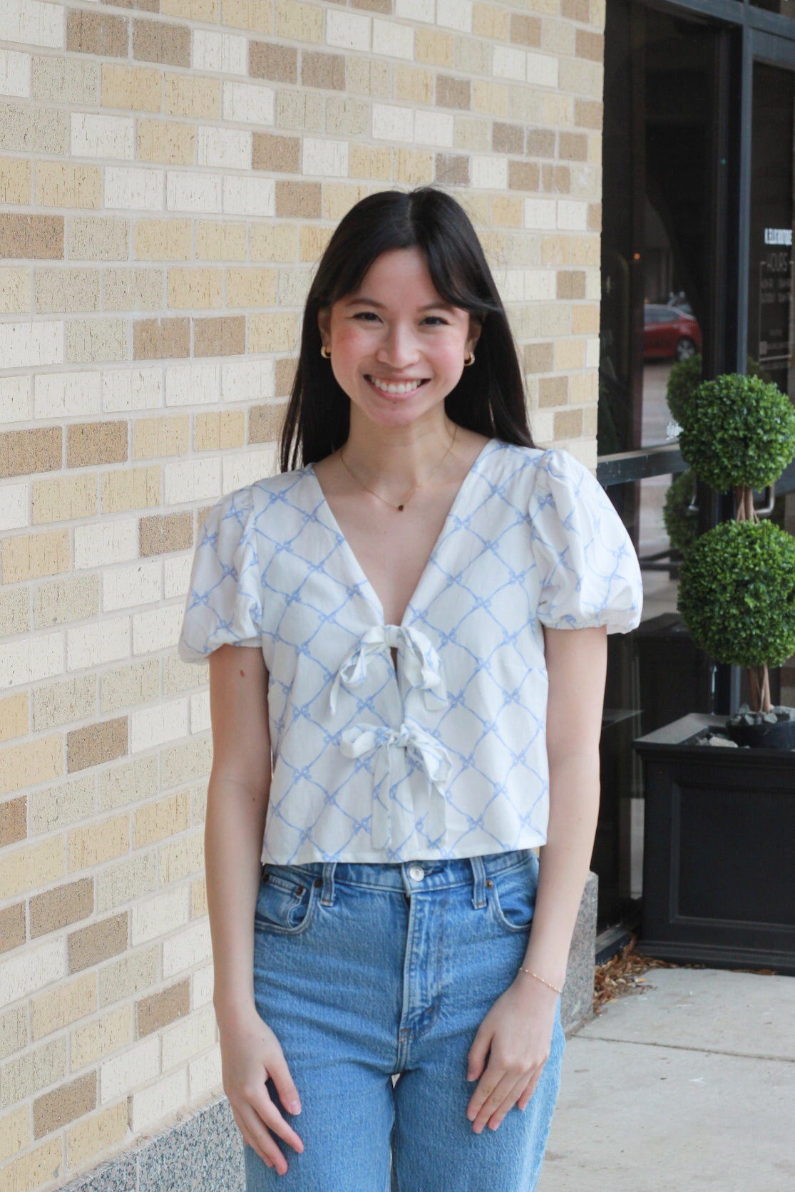 White and Blue Bow Blouse