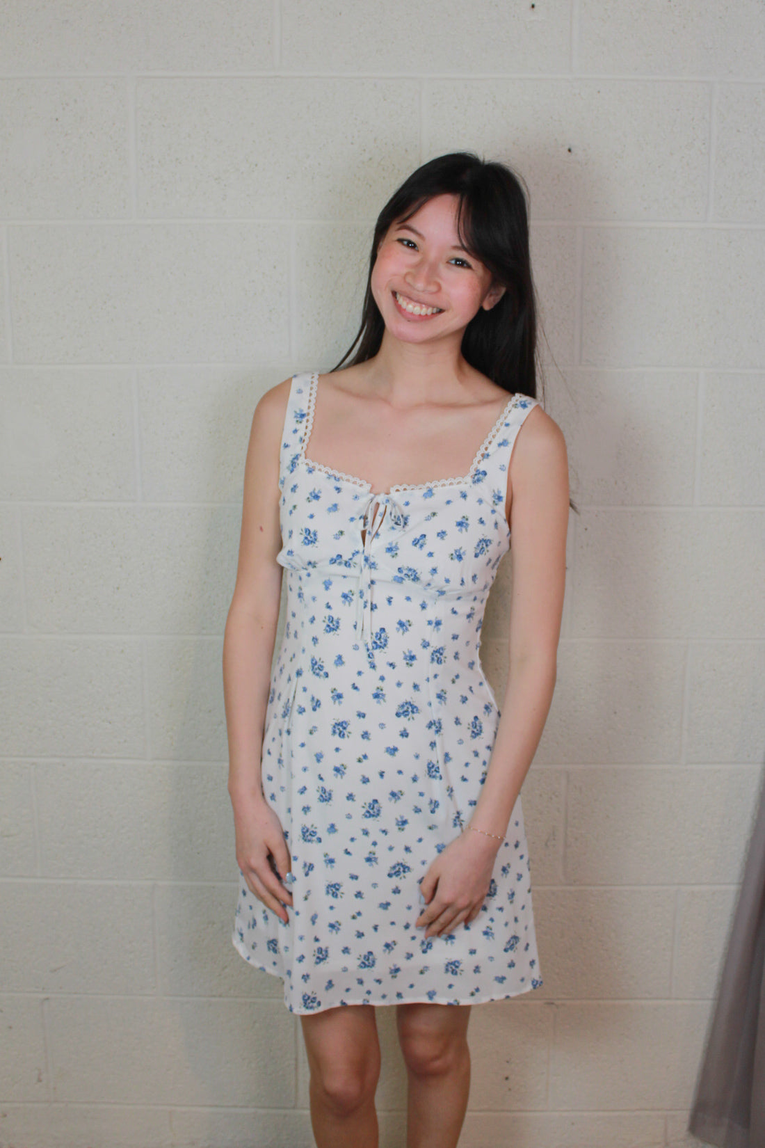 White Blue Floral Lace Dress