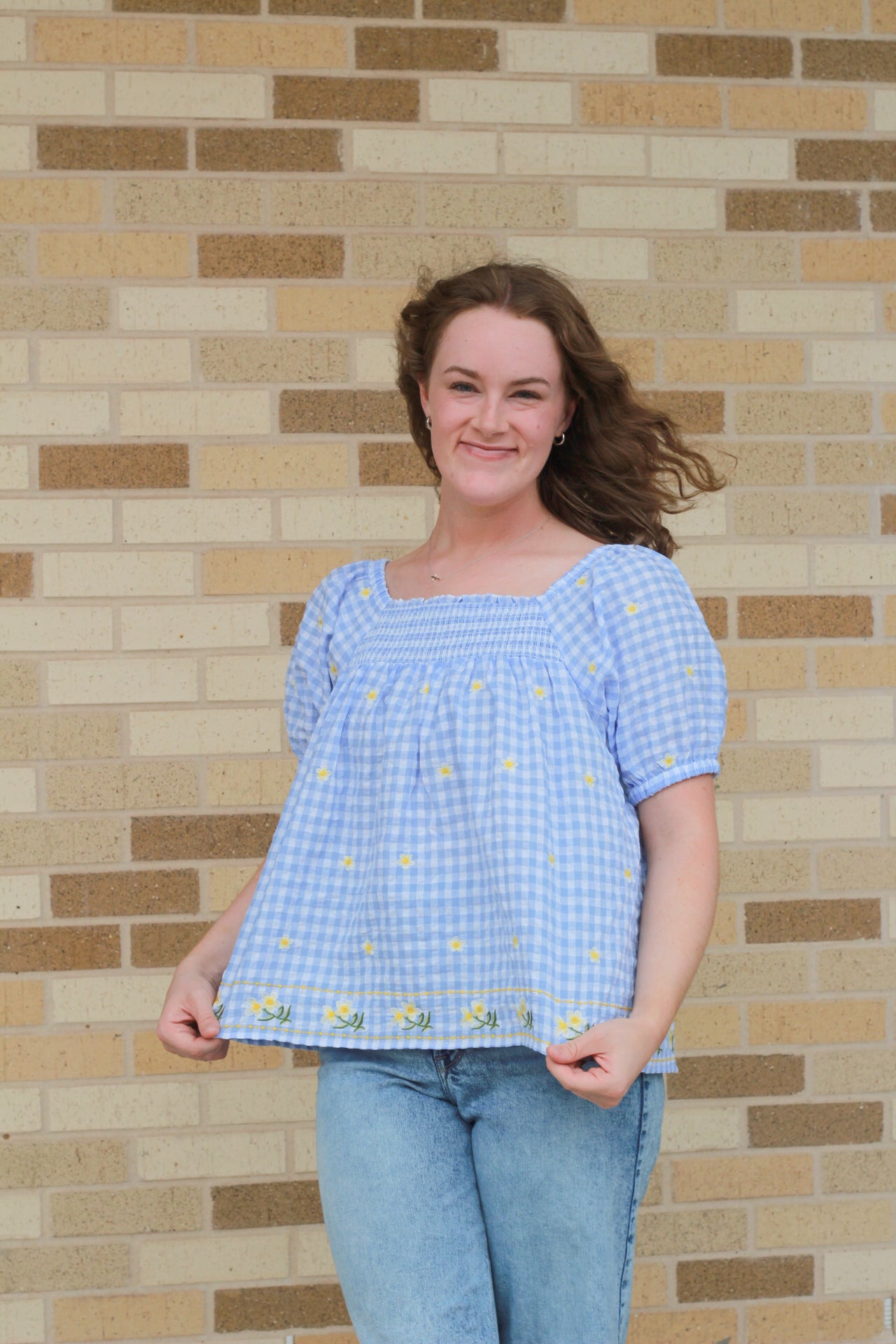 Blue Gingham Embroidered Blouse