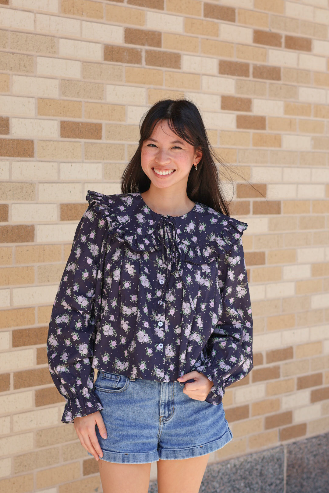 Navy Floral Long Sleeve Top
