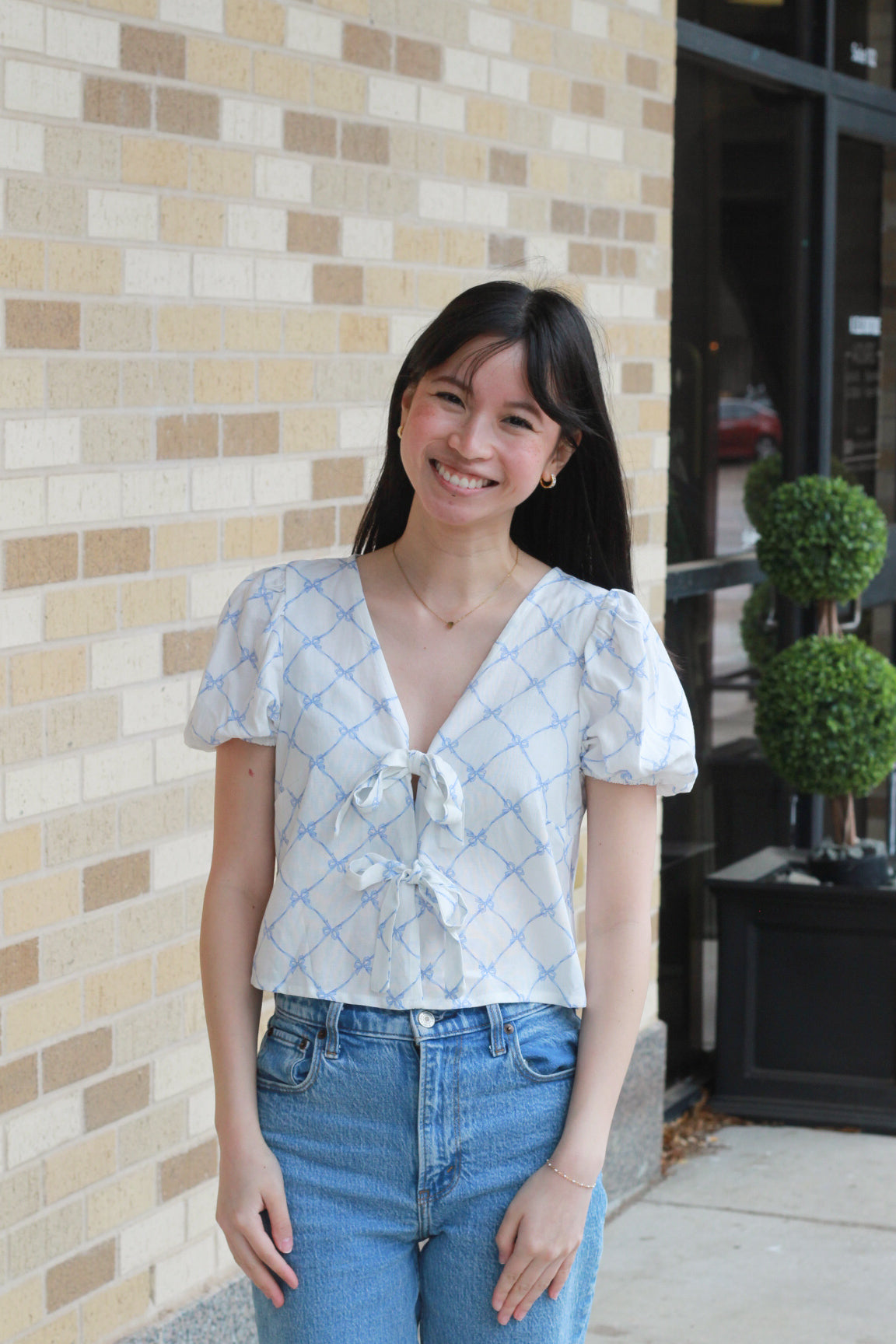 White and Blue Bow Blouse