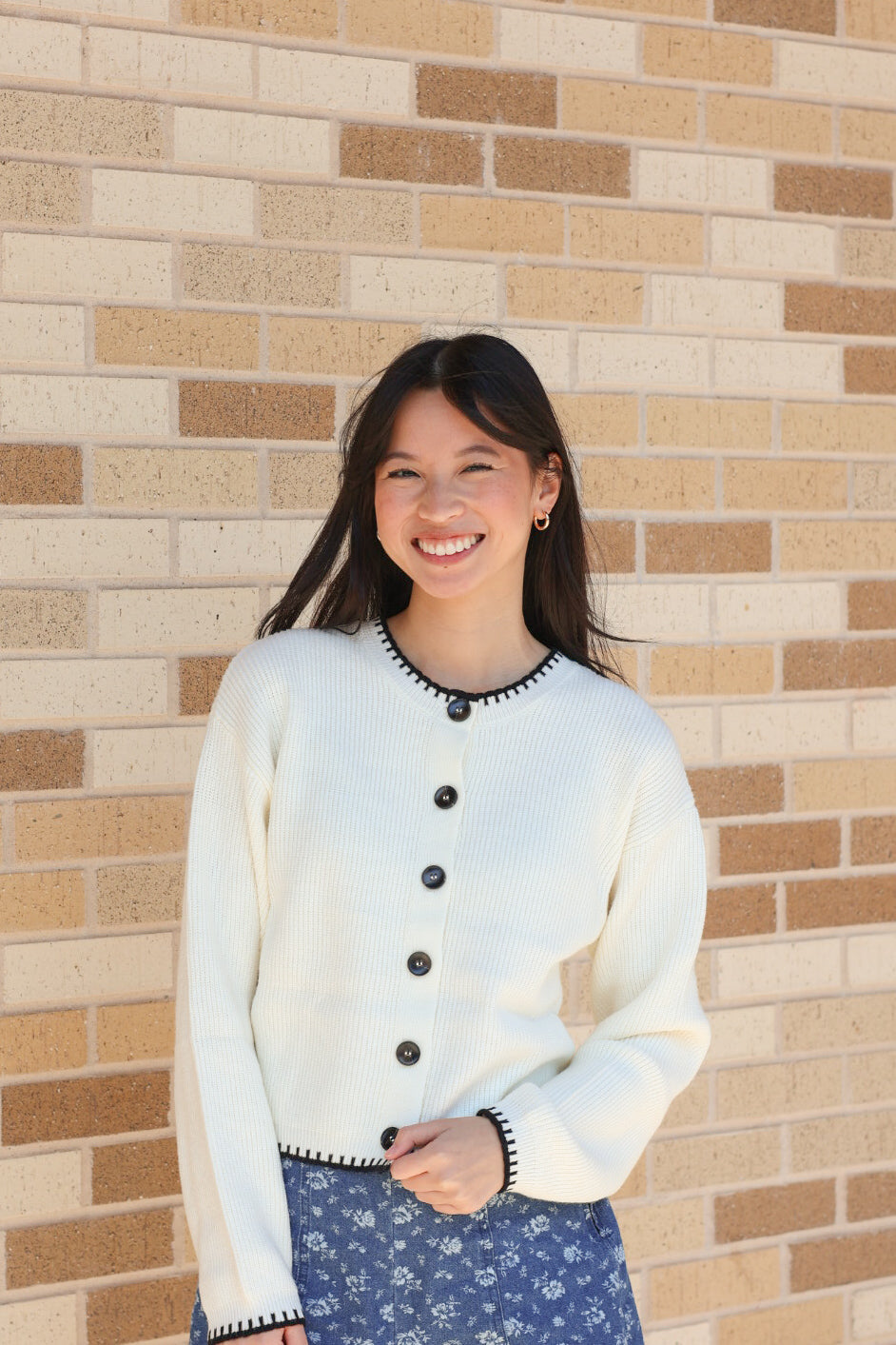 Cream and Black Stitch Trim Cardigan