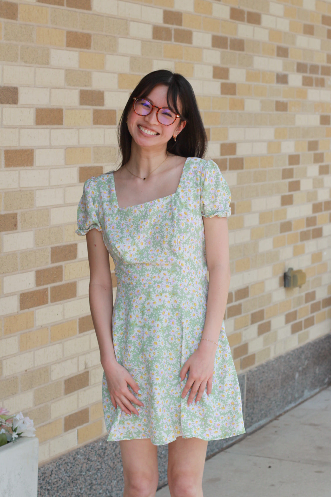 Green Daisy Puff Sleeve Dress