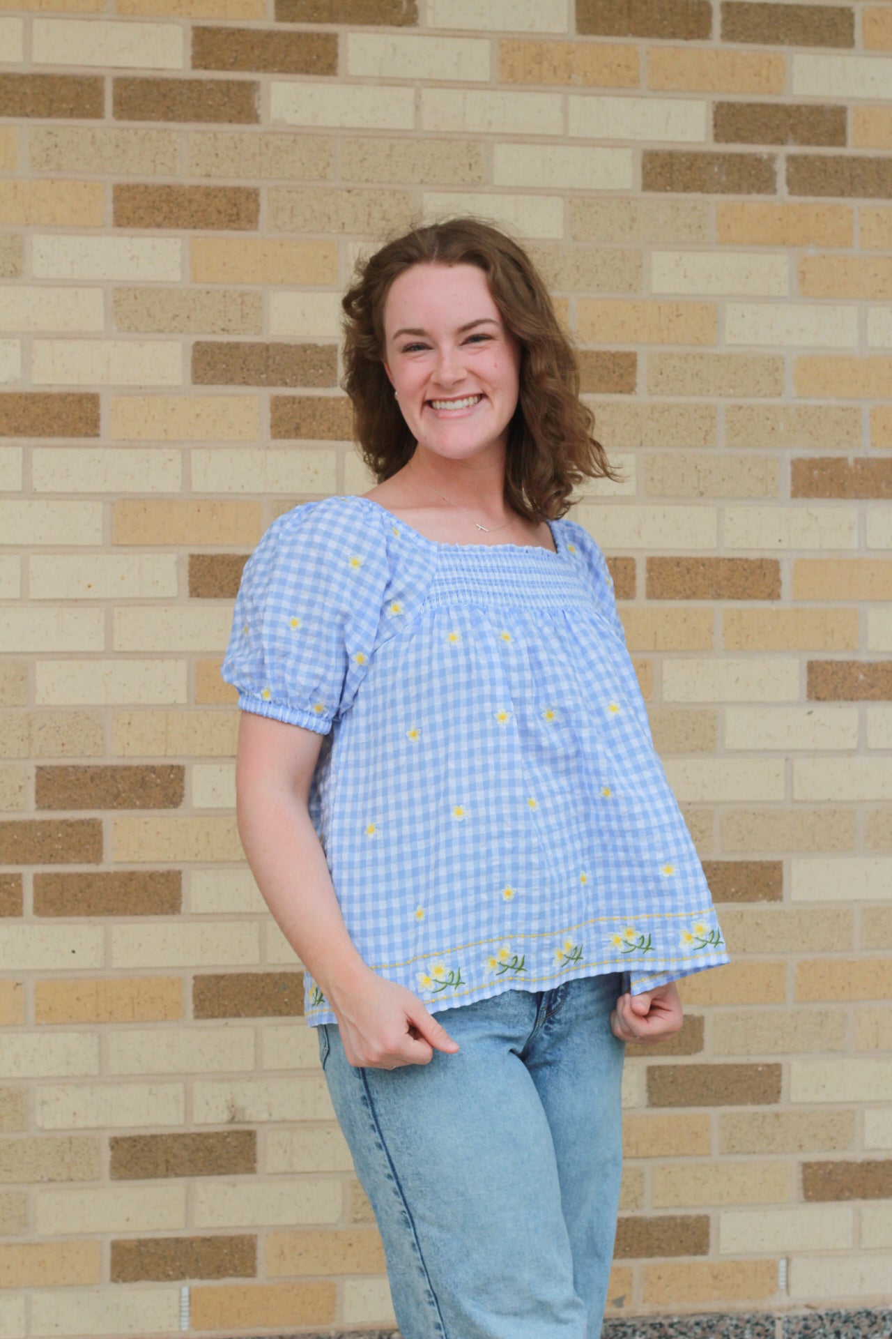 Blue Gingham Embroidered Blouse
