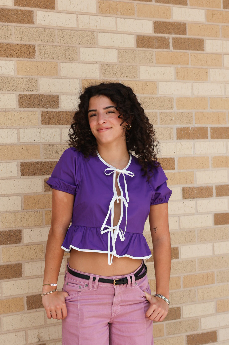 Purple and White Bow Blouse
