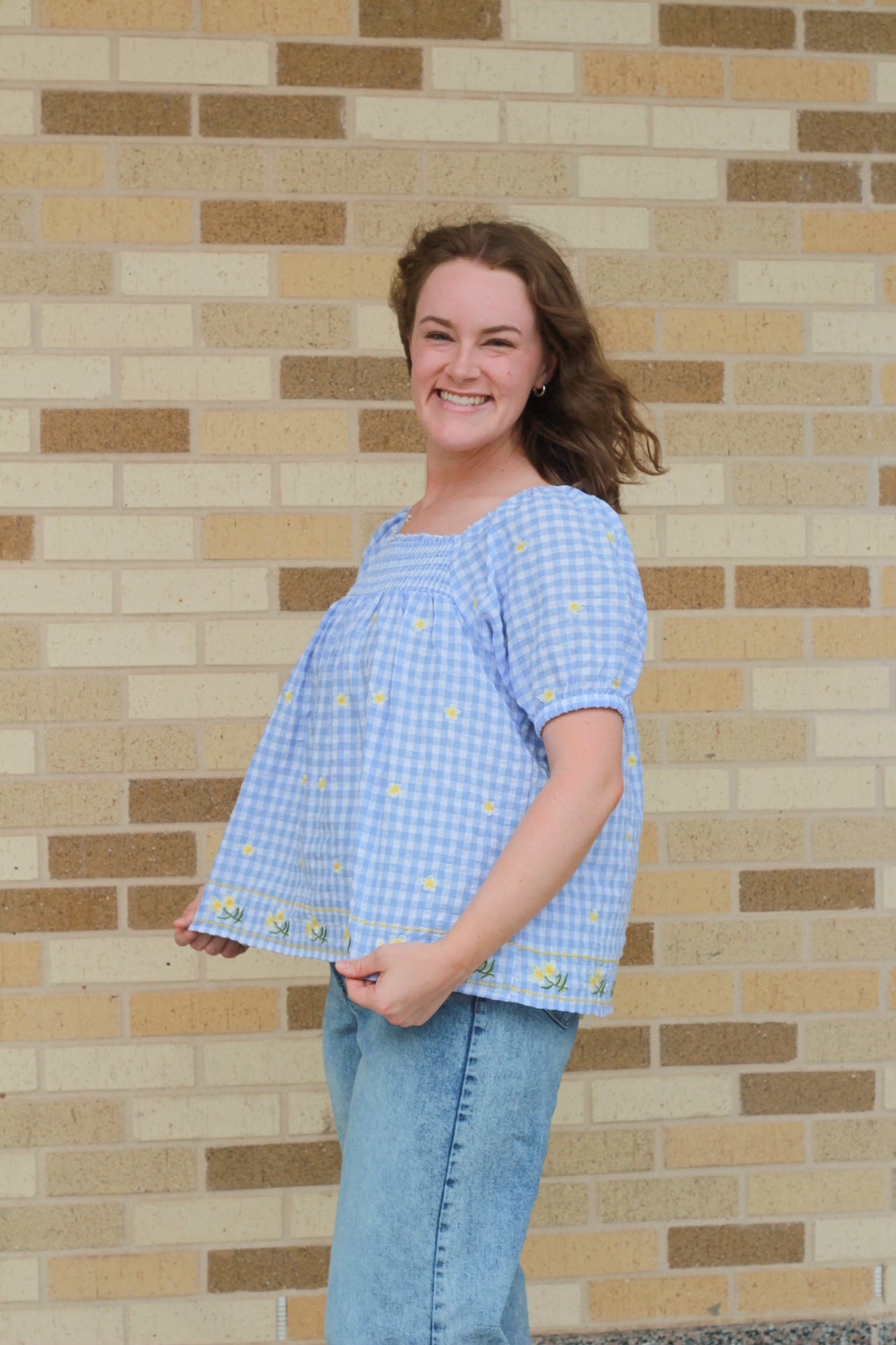 Blue Gingham Embroidered Blouse