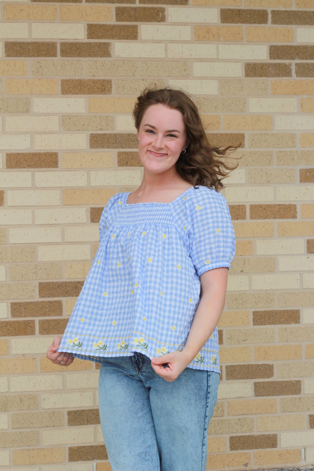 Blue Gingham Embroidered Blouse