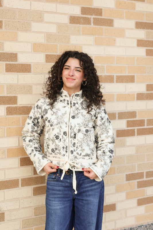 Cream and Black Floral Quilted Jacket