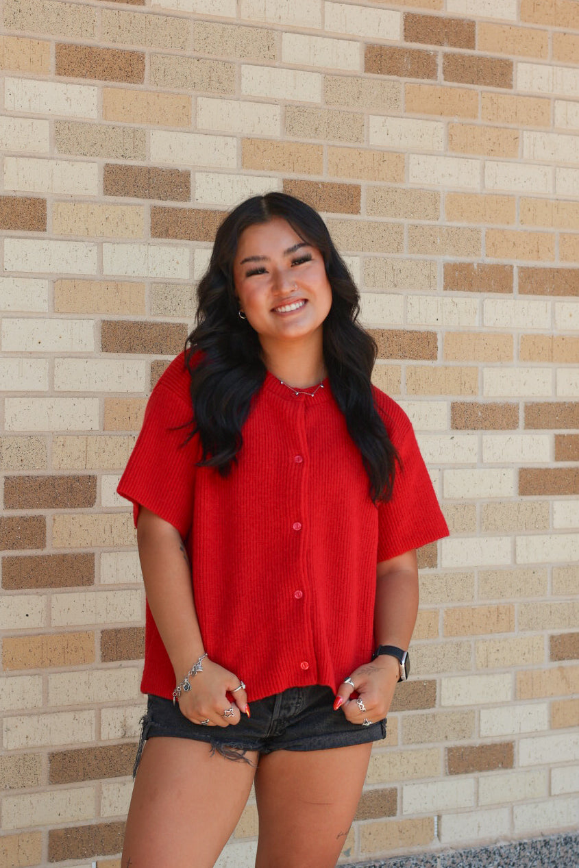 Red Short Sleeve Cardigan
