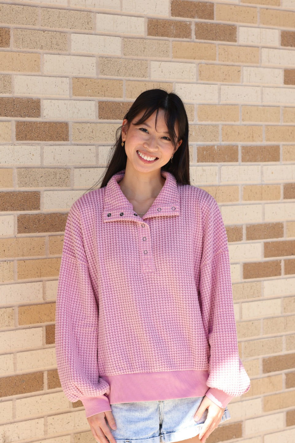Pink Henley Waffle Sweatshirt