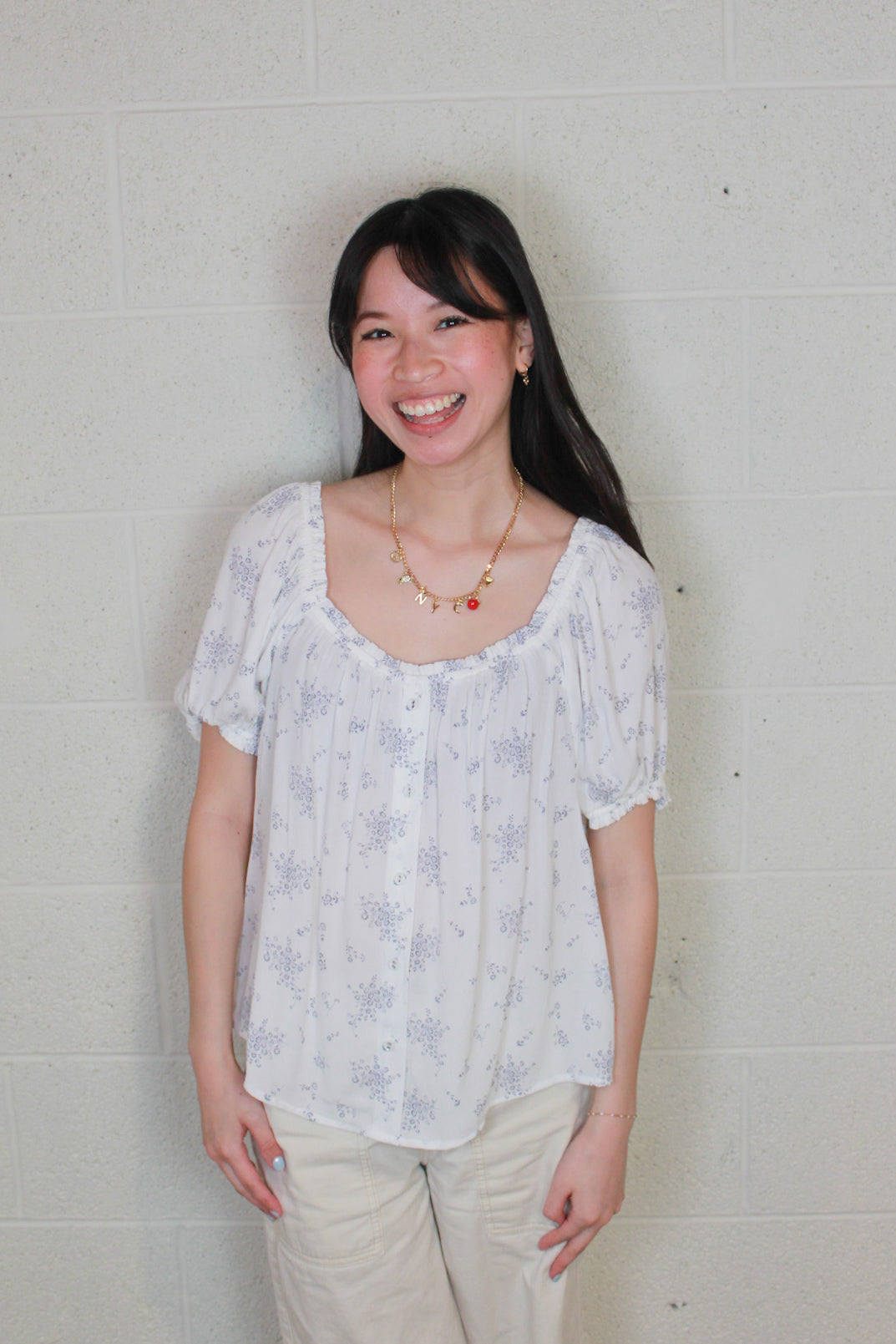 Blue Flower Button Up Blouse