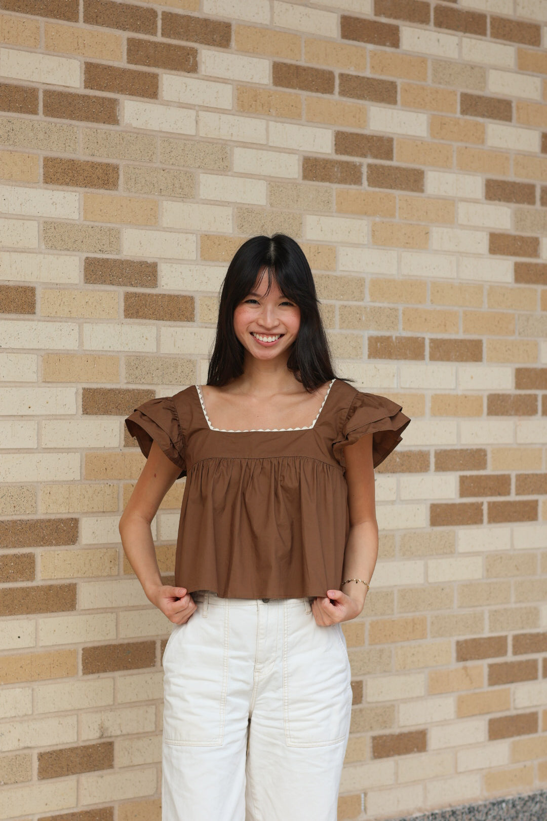 Brown Ruffle Sleeve Top