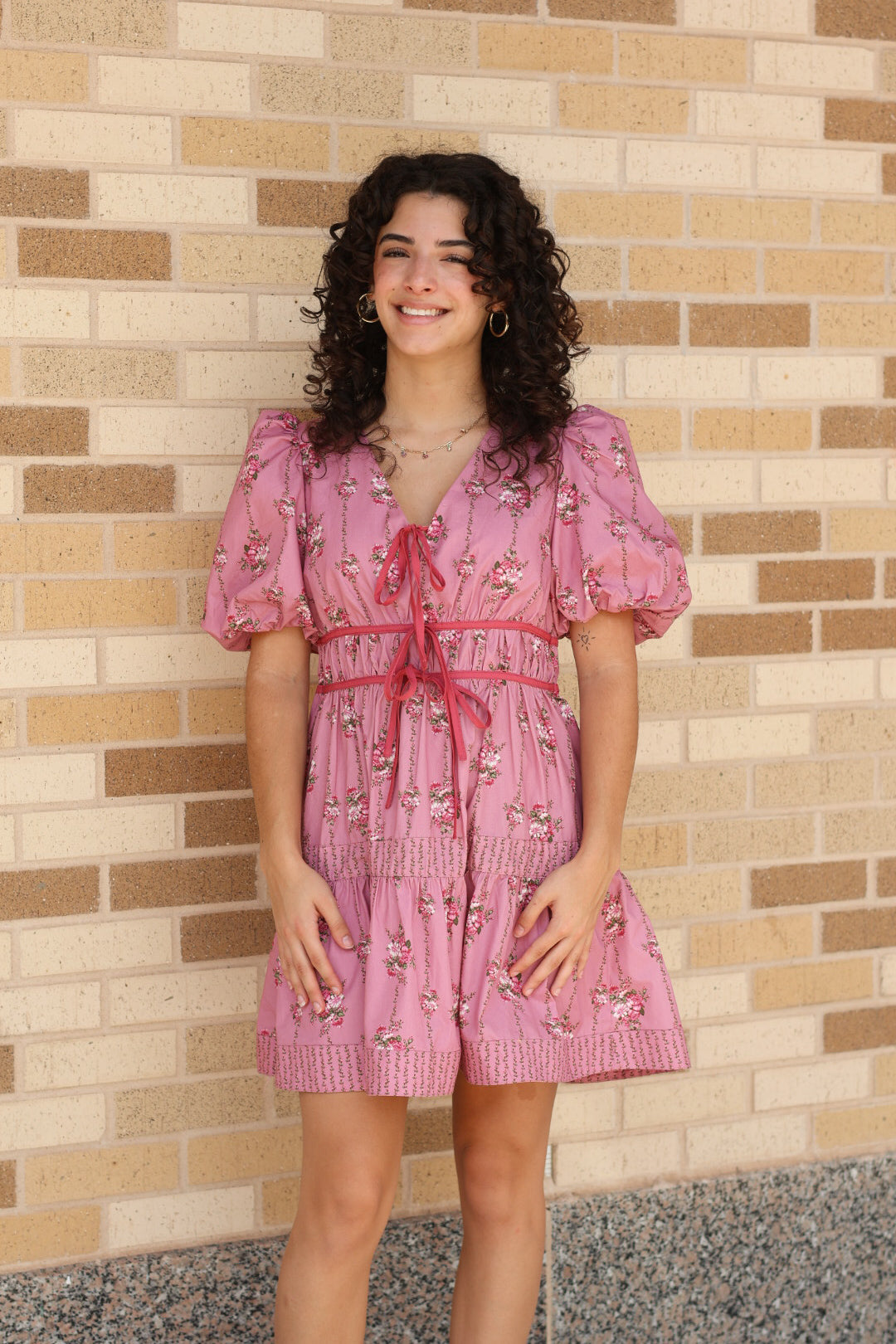 Mauve Floral Puff Sleeve Dress
