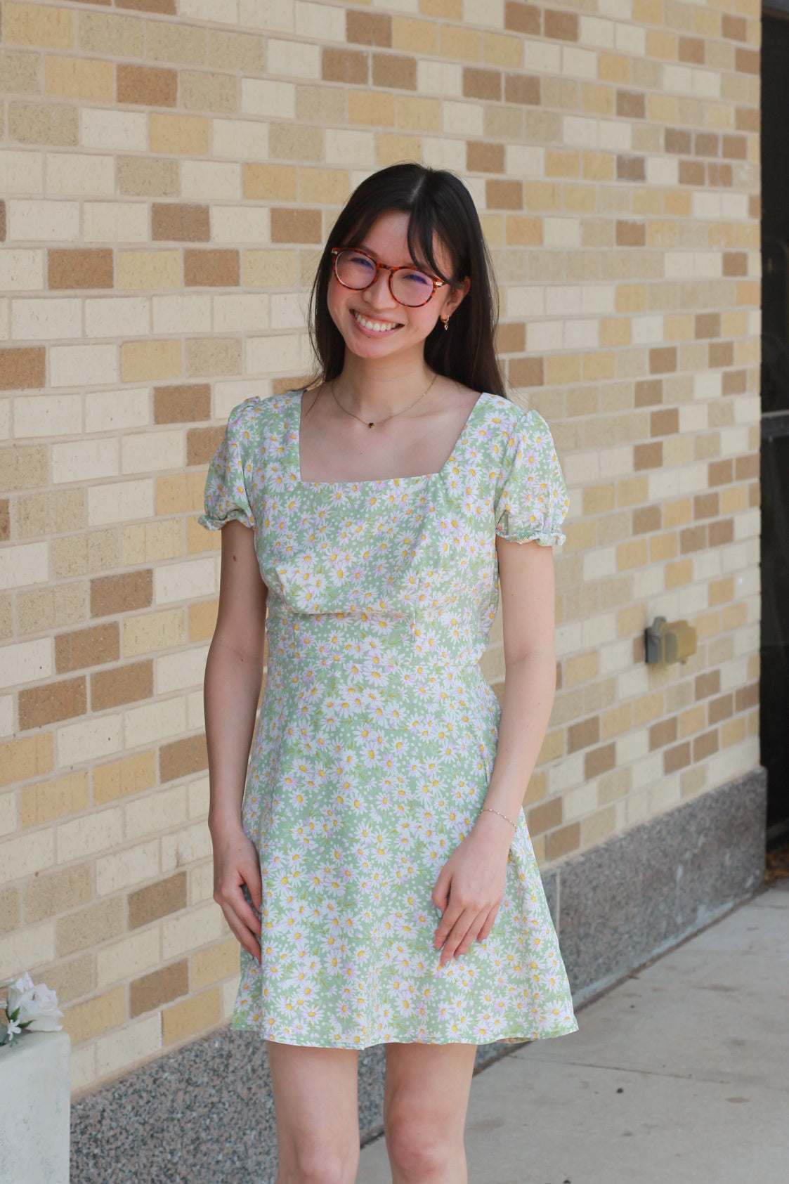 Green Daisy Puff Sleeve Dress
