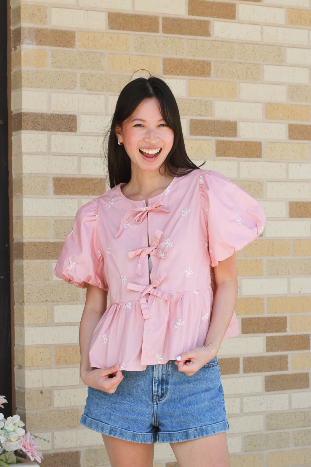 Bow Embroidered Puff Sleeve Top