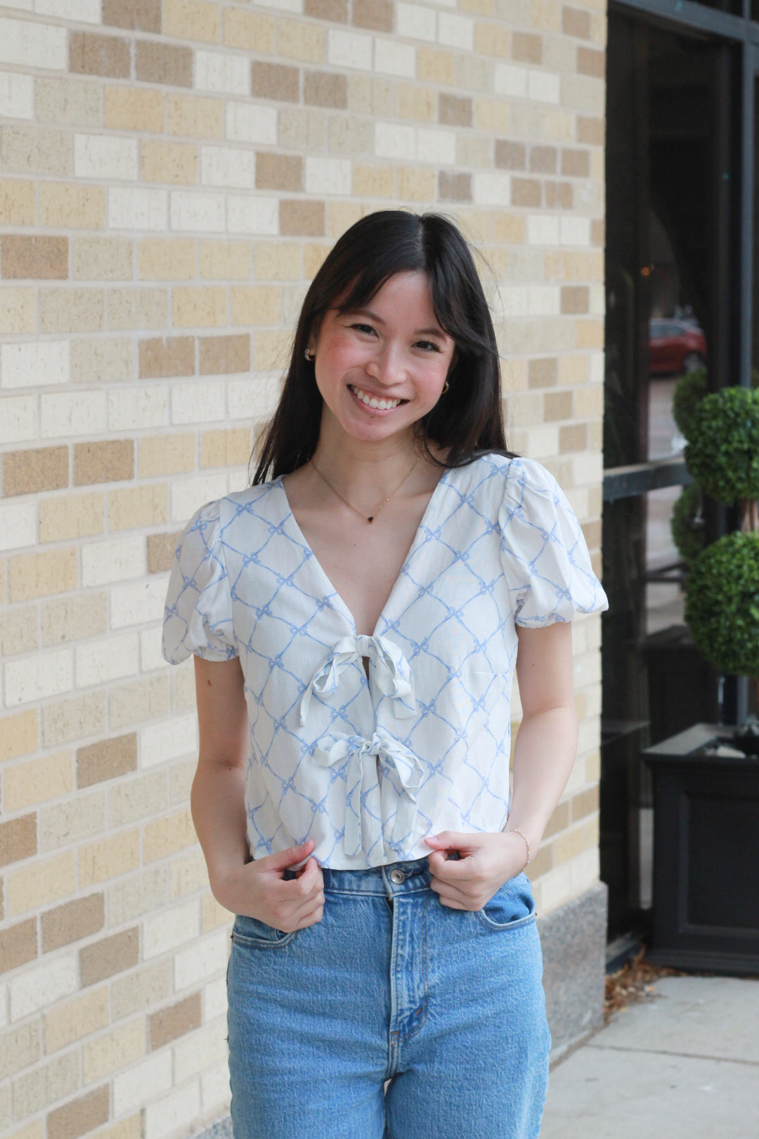 White and Blue Bow Blouse