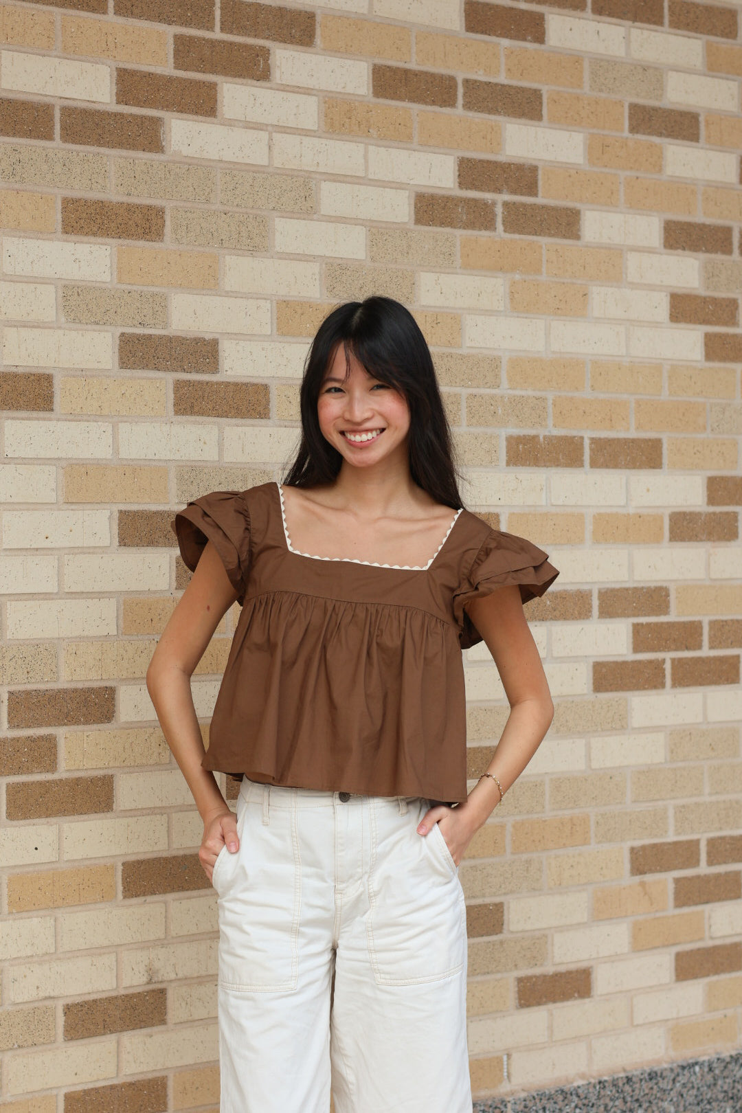 Brown Ruffle Sleeve Top
