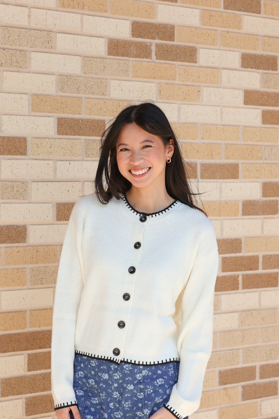 Cream and Black Stitch Trim Cardigan