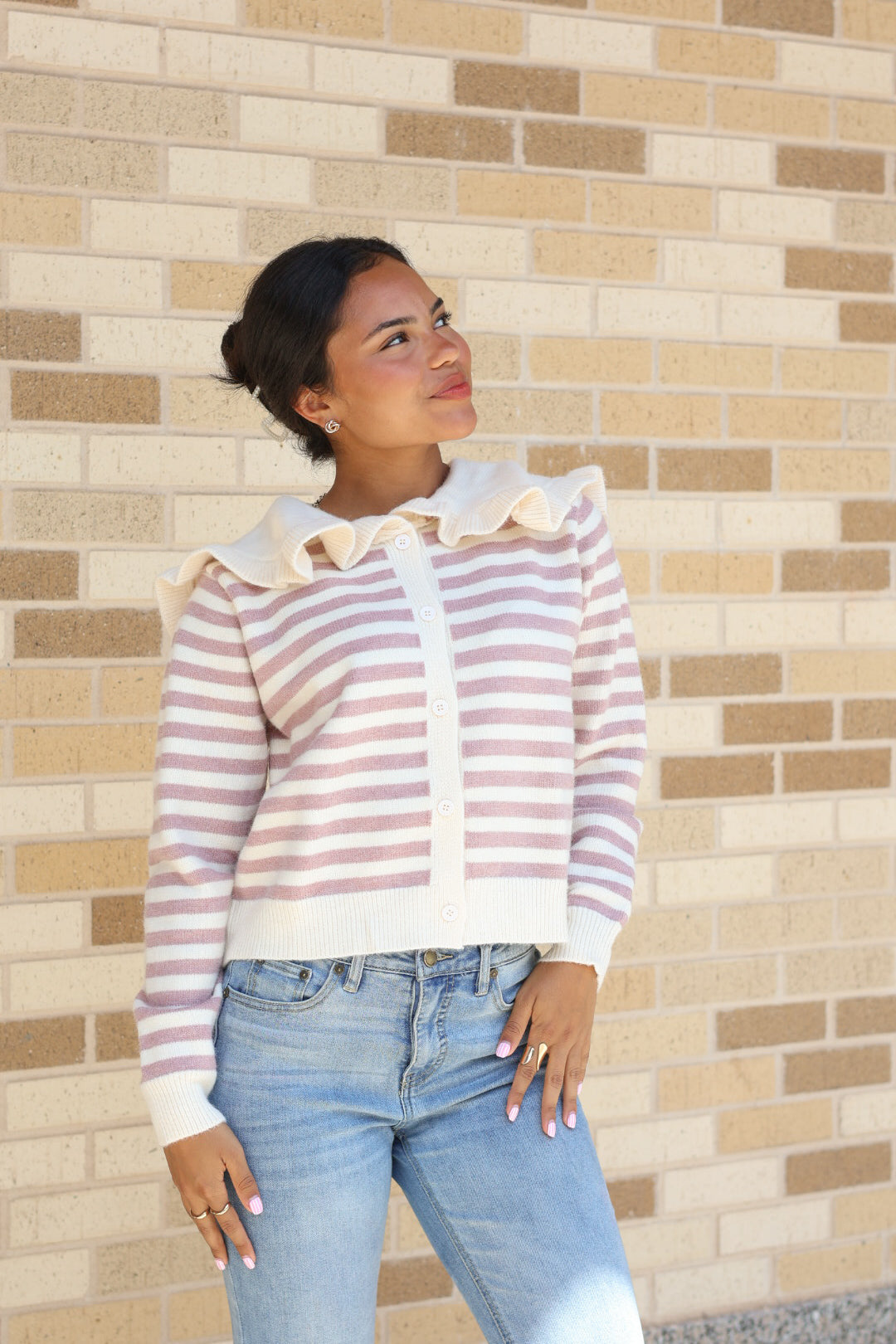 Mauve Striped Collar Cardigan