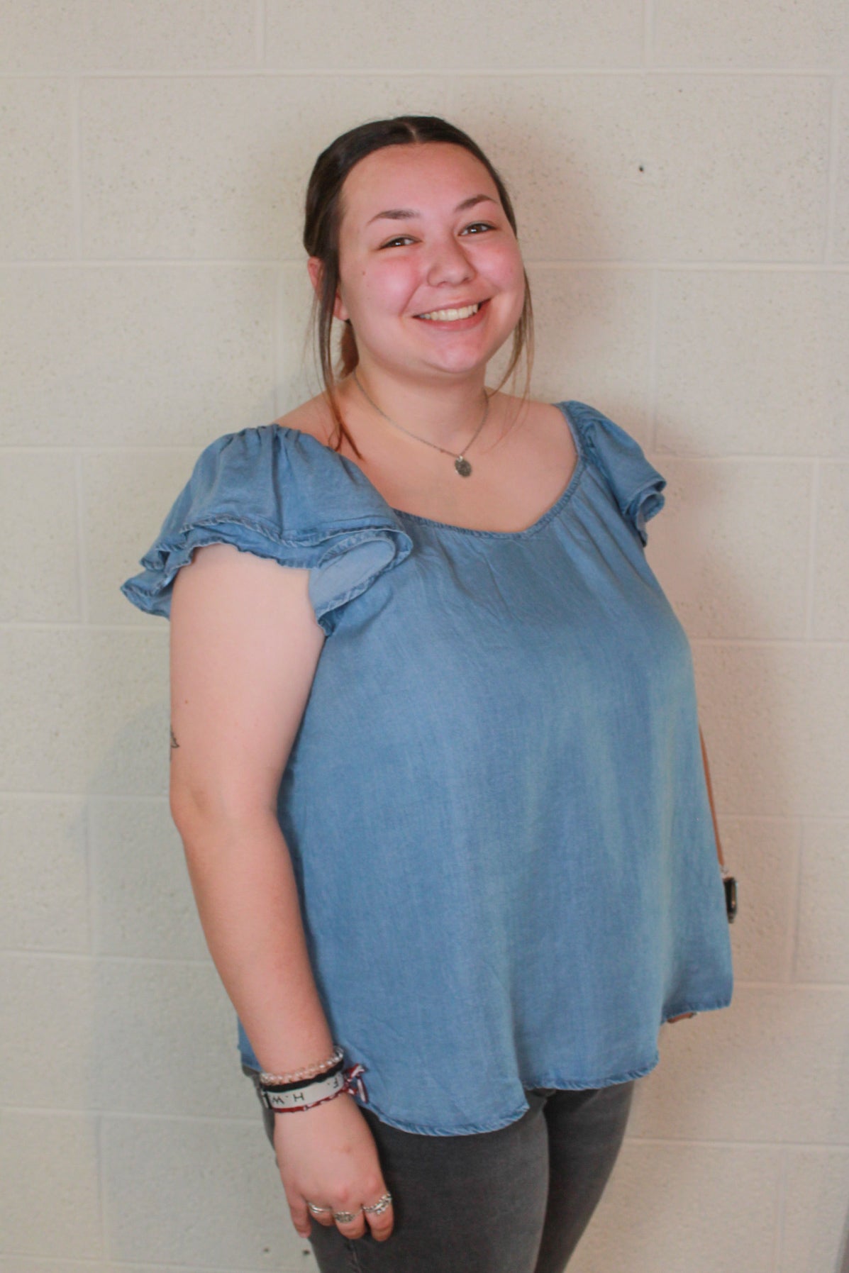 Chambray Ruffle Sleeve Top