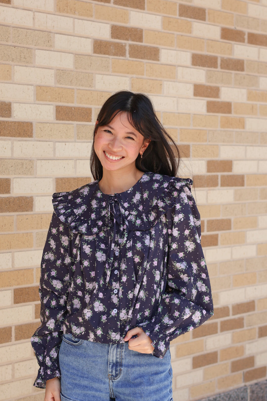 Navy Floral Long Sleeve Top