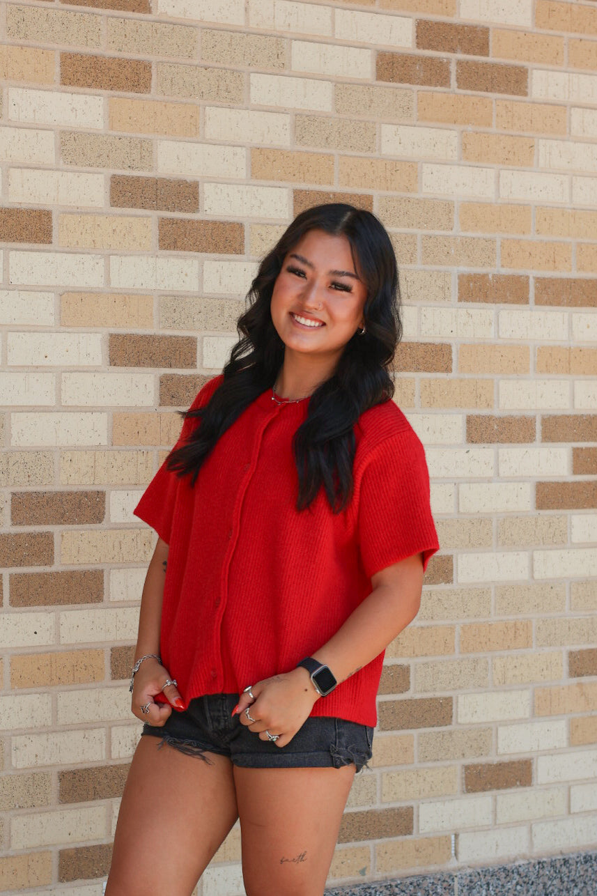 Red Short Sleeve Cardigan