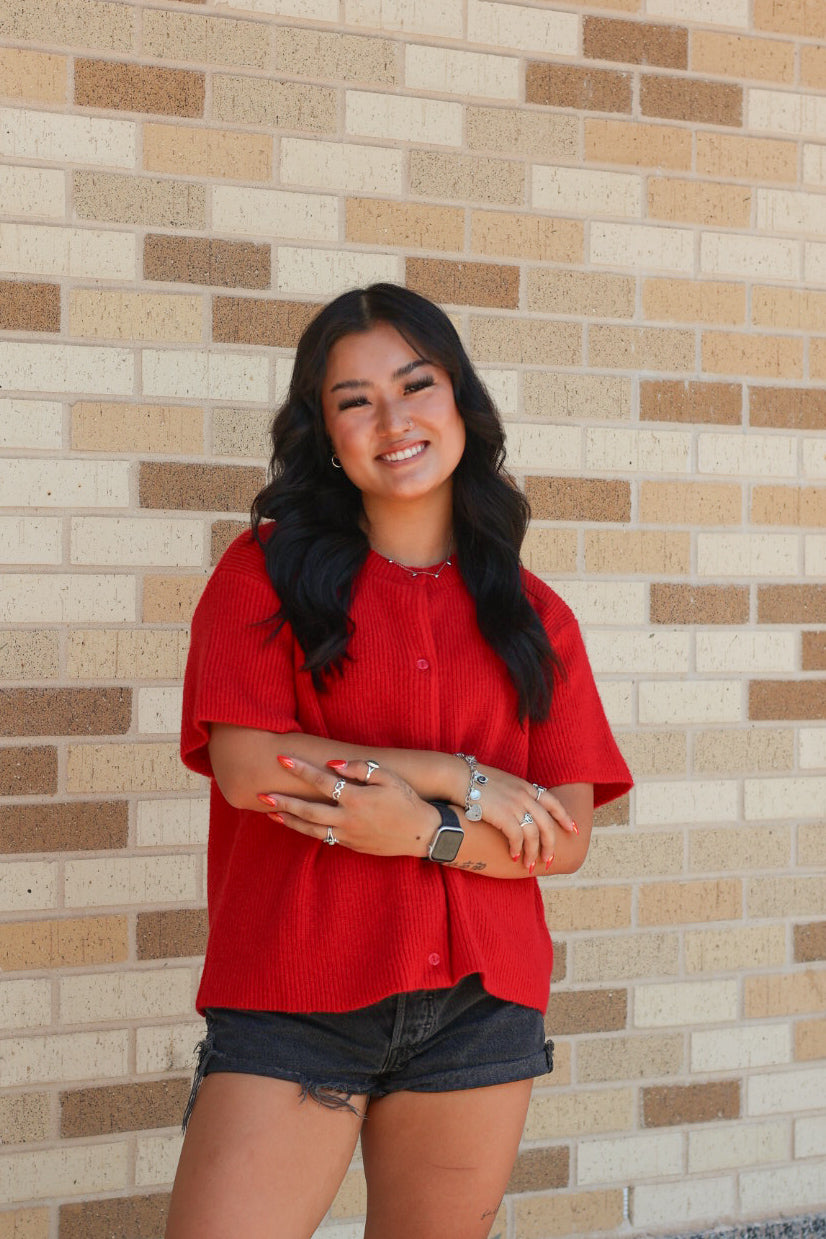 Red Short Sleeve Cardigan