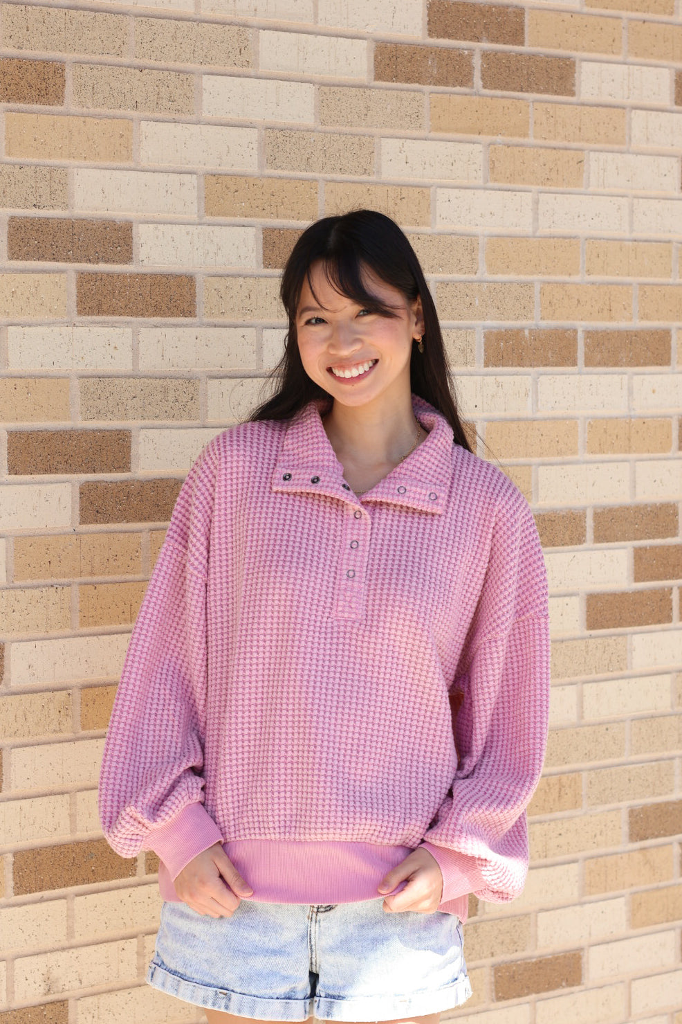 Pink Henley Waffle Sweatshirt
