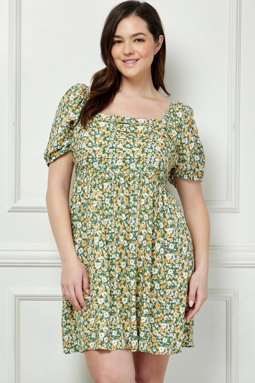 Green and Yellow Pleated Dress
