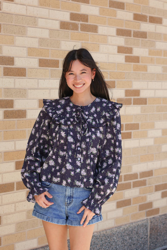 Navy Floral Long Sleeve Top