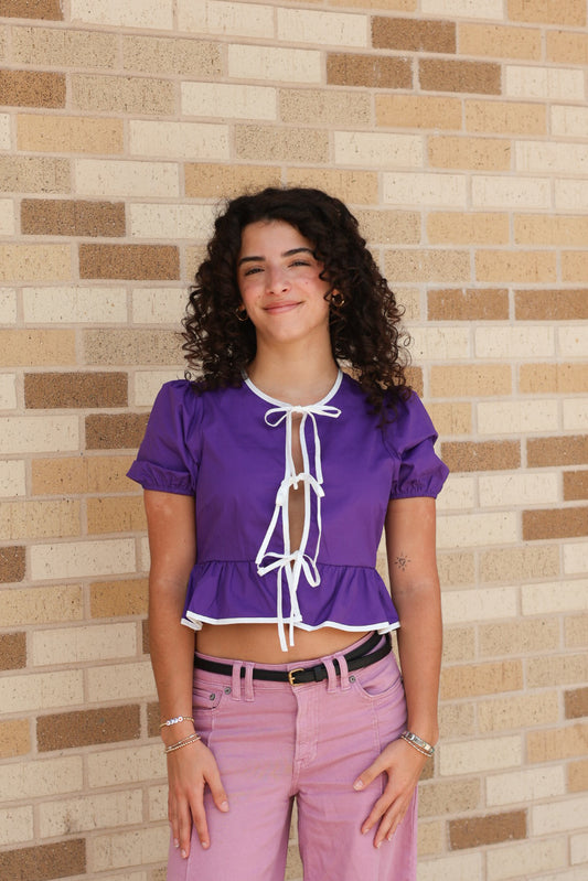 Purple and White Bow Blouse