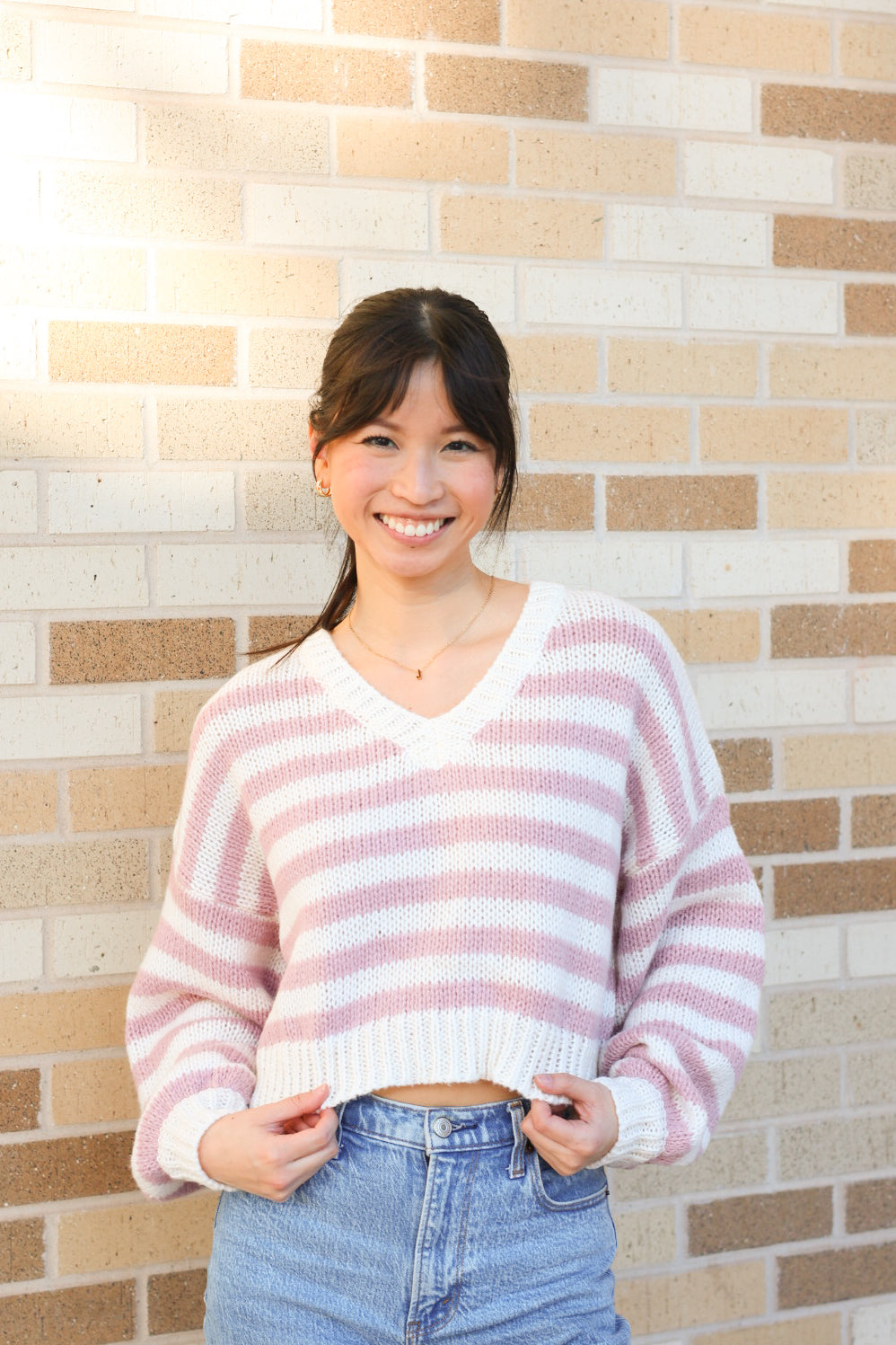 Pink Striped Cropped Sweater