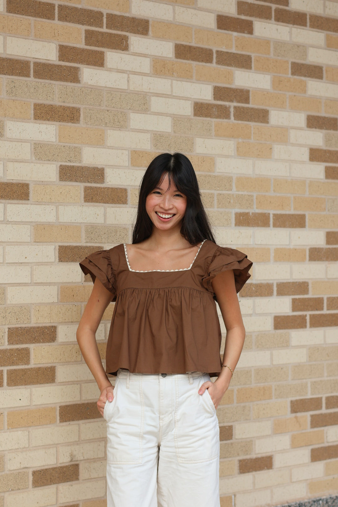 Brown Ruffle Sleeve Top