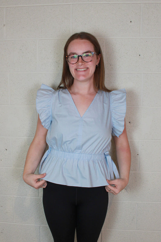Blue Flutter Sleeve Bow Top