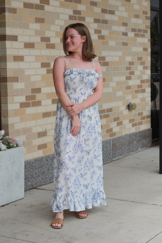 Blue and White Smocked Floral Dress
