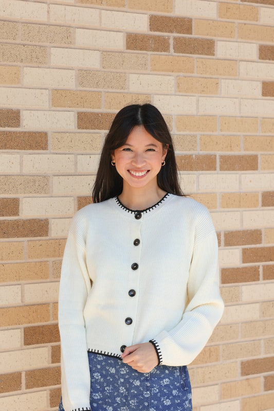 Cream and Black Stitch Trim Cardigan