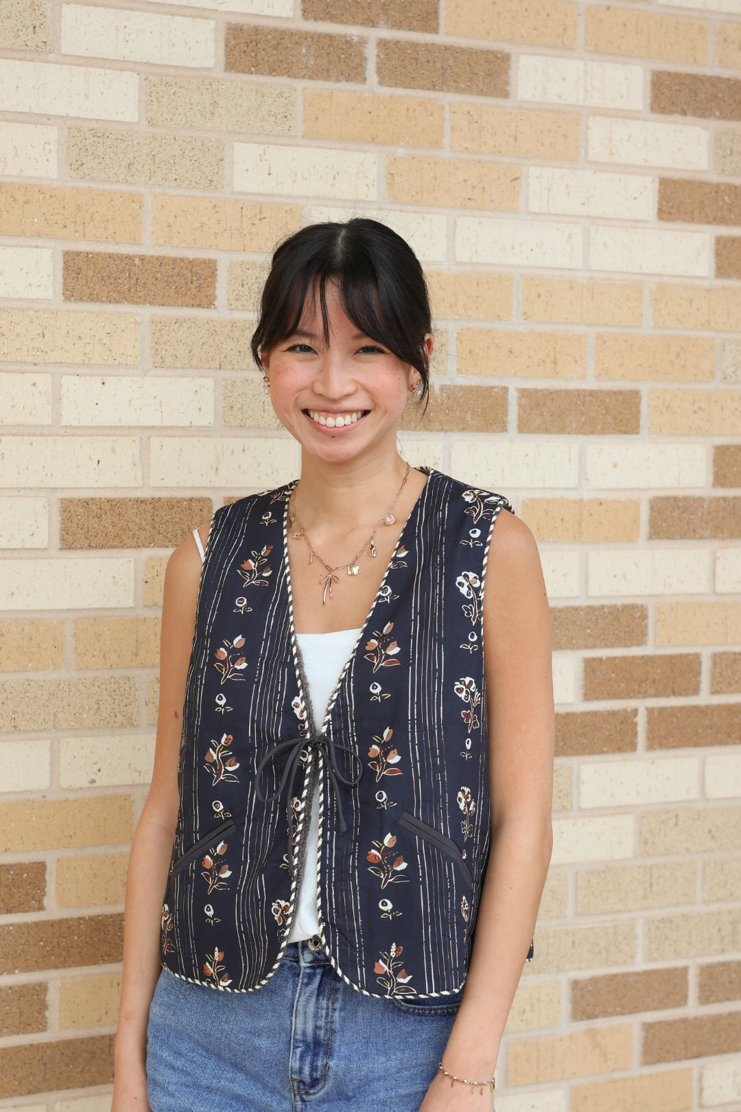 Navy Sherpa Floral Vest