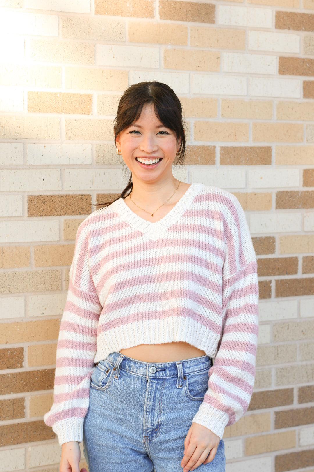 Pink Striped Cropped Sweater