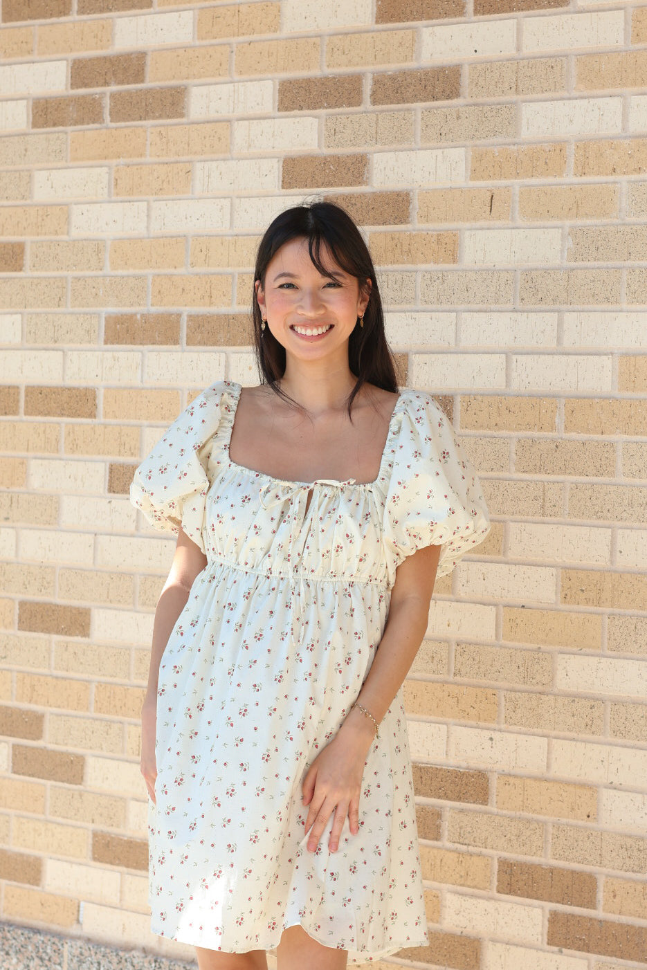 Cream Floral Bubble Sleeve Dress