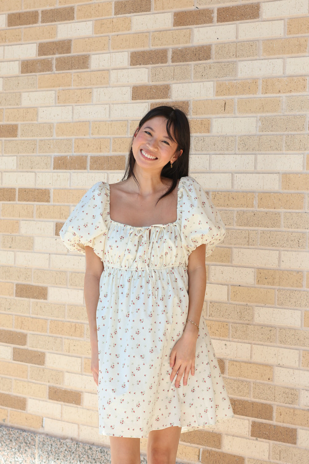 Cream Floral Bubble Sleeve Dress