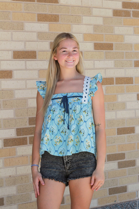 Blue Floral Babydoll Top