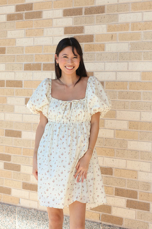 Cream Floral Bubble Sleeve Dress