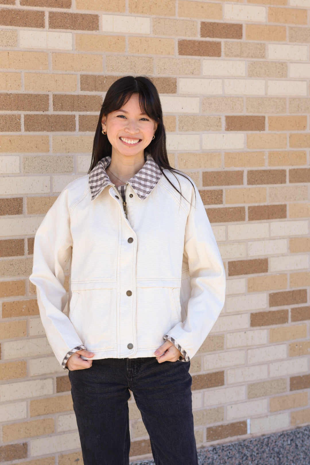 Cream Plaid Trim Jacket