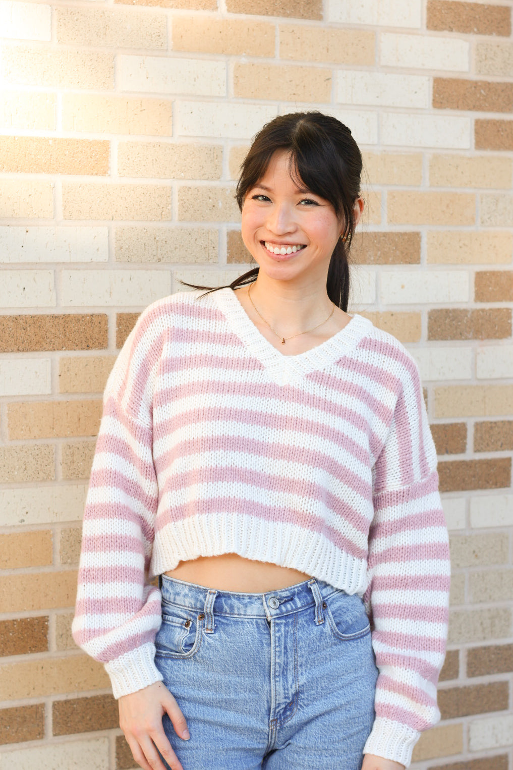 Pink Striped Cropped Sweater