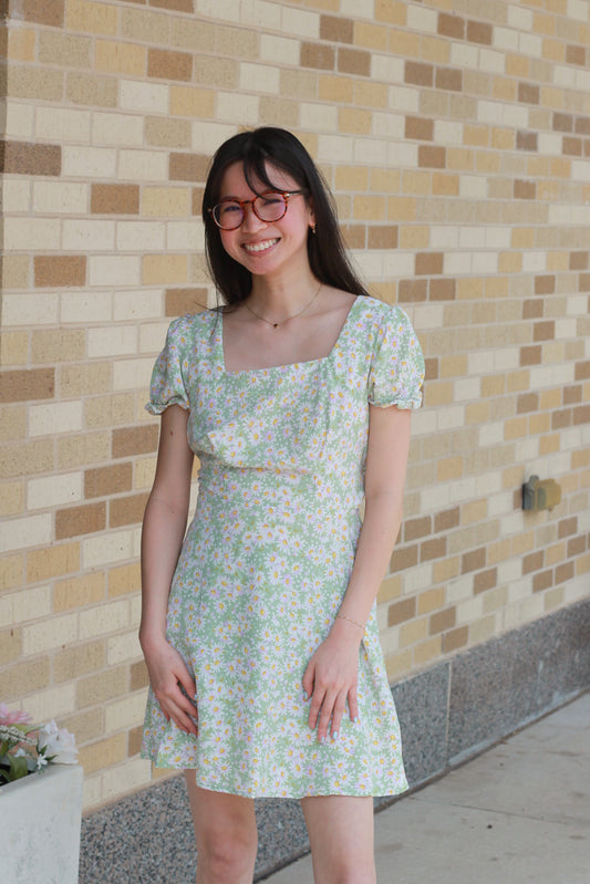 Green Daisy Puff Sleeve Dress