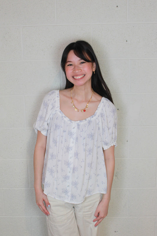 Blue Flower Button Up Blouse